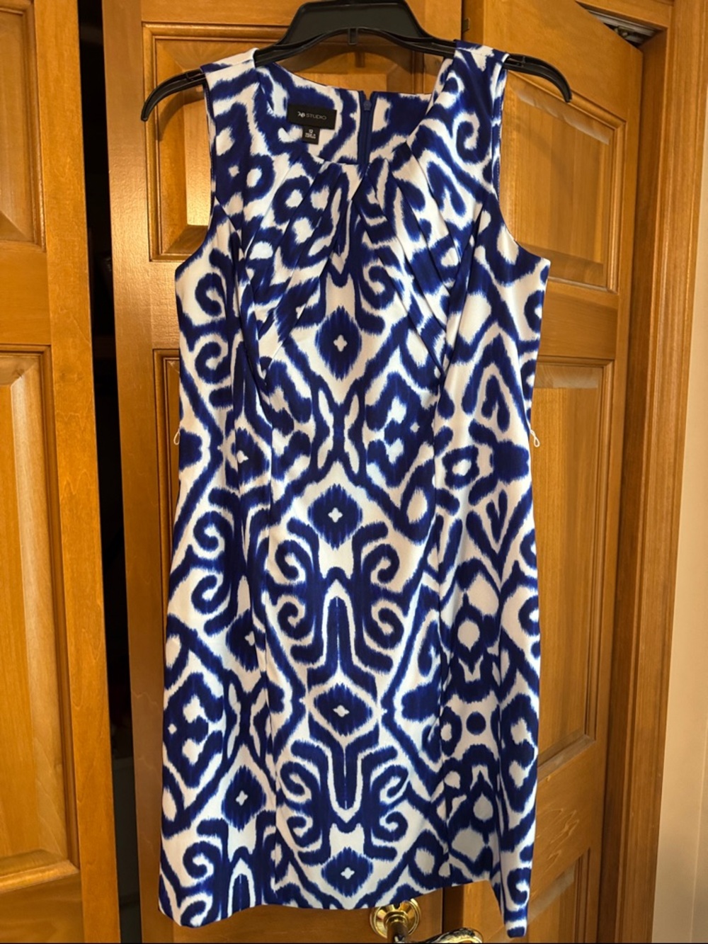 AB Studio Blue and White Ikat Midi Sheath Dress